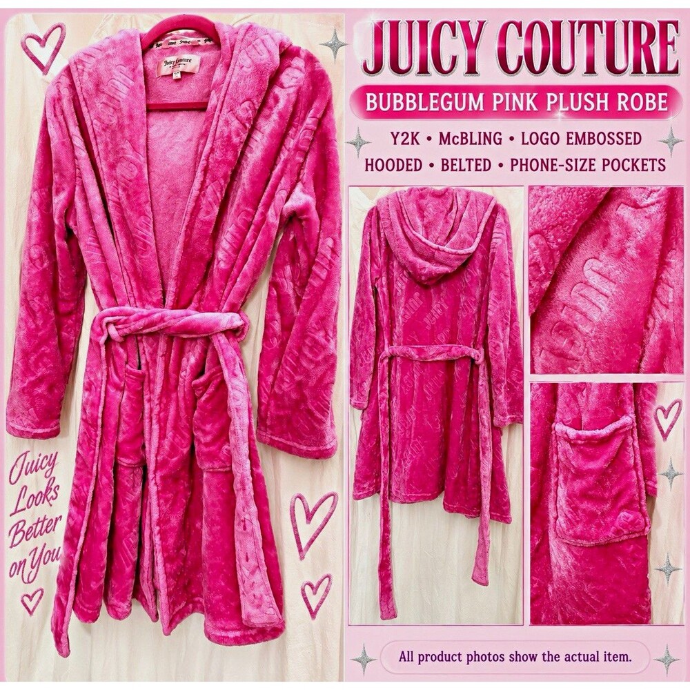 Juicy Couture Pink Plush Hooded Belted Embossed Logo Robe Pockets S/M